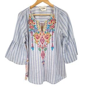 Savanna Jane Womens Medium Embroidered Blouse Striped Floral Bell Sleeve Boho
